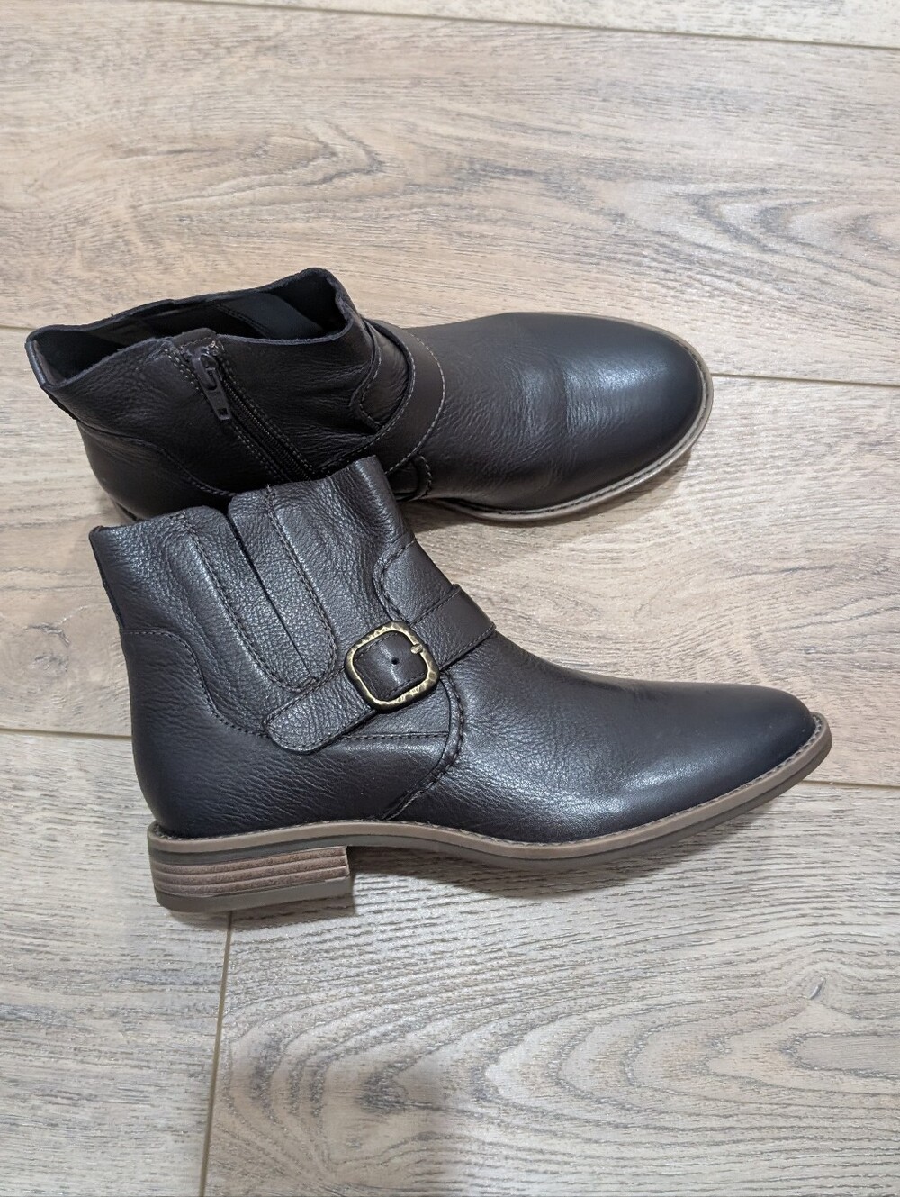 Clarks Black Leather Ankle Boots with Buckle Accent